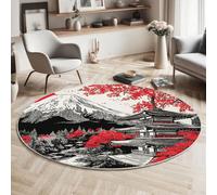 MIATCENRT Tapis Salon Carpette Rond Anti-Glissant Carpette, Peinture L'Encre Japon Temple Fleurs Cerisier Noir Rouge Salon Anti Slip Tapis de Sol Grand pour Couloir, Chambre, Cuisine, Salon, 160cm