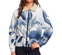 MIATCENRT Veste en Peluche Chaude pour Femme, Fermeture éclair Manteau Polaire Feuilles aquarelles Décontractée, Manches Longues Veste Simple, Courte Manteau d'hiver