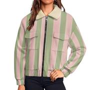 MIATCENRT Veste en Peluche Chaude pour Femme, Fermeture éclair Manteau Polaire rayures verticales Décontractée, Manches Longues Veste Simple, Courte Manteau d'hiver