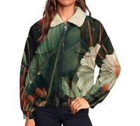MIATCENRT Vestes Polaires Femme Zippé Épais en Peluche, Manteau Tropical, Jungle Col à Revers Fermeture Éclair, Grande Taille Doublé Sherpa Fleurs Feuilles Hiver Chaud Blouson