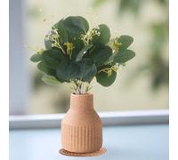 MiaTen Lot de 10 tiges d'eucalyptus artificielles dans un vase en céramique - Feuilles d'eucalyptus artificielles pour décoration de table, décoration d'intérieur, bureau, verdure d'intérieur (beige)