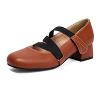MiaZane Ballerines Femme à Bretelles Élastiques Shoes Slip on Talon Bas Bloc Colorblock Bout Carré Ballerines Mary Jane pour Printemps et Automne Tenue de Bureau Respirant,Marron,38 EU