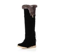 MiaZane Bottes À Franges en Daim Au Genou Bord en Fourrure Talon Bas Chaudes pour Hiver Automne Mode Marche Quotidienne,Noir,36 EU