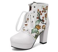 MiaZane Bottes à Plateforme Florales pour Femmes, Bottes à Lacets à la Cheville avec Design brodé, Talon Bloc Haut, Bottes Montantes pour soirées et Sorties, Grande Taille.,Vert,45 EU
