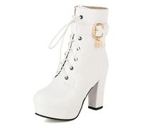 MiaZane Bottes Cheville Femme Chunky Imperméable Bottes Femme Laçage Fermeture Éclair Latérale Plateforme Cuir Talons Hauts pour Automne & Hiver Soirée & Tenue de Bureau,Blanc,45 EU