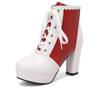 MiaZane Bottes Cheville Plateforme Femme Bout Rond À Lacets Bottines Courtes avec Bordure Dentelée Talon Haut pour Sortie Décontractée Et Tenue De Rue Taille Large,Rouge,35 EU