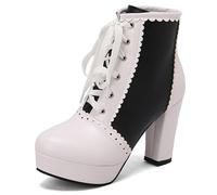 MiaZane Bottes Cheville Plateforme Femme Bout Rond À Lacets Bottines Courtes avec Bordure Dentelée Talon Haut pour Sortie Décontractée Et Tenue De Rue Taille Large,Noir,35 EU