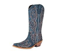 MiaZane Bottes De Cowboy Western Femme Talon Bloc Brodé Mode Tige Haute Jusqu'au Genou Bout Pointu Bottes D'Équitation pour Concert Country Et Rodéo,Bleu,38 EU