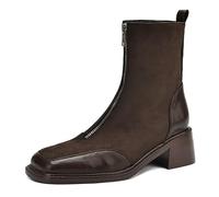 MiaZane Bottes Femme À Talon Épais en Simili Cuir À Bout Carré Bottines À Fermeture Éclair sur Le Devant Talon Bloc Bottes Courtes pour Automne & Hiver Streetwear & Sortie,Marron,37 EU