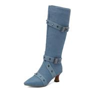 MiaZane Bottes Femme Denim Mode Bottes à Boucle Bout Pointu Fermeture Éclair Côté Bottes Hautes Talon Kitten pour Hiver et Tenues de Soirée Chaudes,Bleu,35 EU