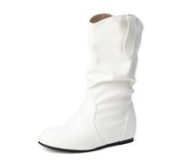 MiaZane Bottes Femme Mi Mollet Style Plissé Cuir Synthétique Semelle Plate avec Rehausse Cachée De 4cm Chaudes Et Confortables pour Tenues Quotidiennes Et Trajets en Hiver,Blanc,40 EU