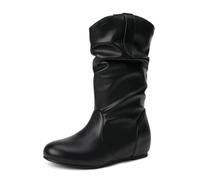 MiaZane Bottes Femme Mi Mollet Style Plissé Cuir Synthétique Semelle Plate avec Rehausse Cachée De 4cm Chaudes Et Confortables pour Tenues Quotidiennes Et Trajets en Hiver,Noir,34 EU