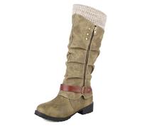 MiaZane Bottes Genou Haut PU Fermeture Eclair Cote Detail Laniere Boucle Borde Tissage Tresse Talon Bloc Bas pour Tenues Hiver Decontractees,Vert,35 EU