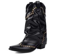 MiaZane Bottes Mi Mollet en Cuir Marron Détails Cloutés Bout Pointu Style Western Talon Bas Décontracté Rue Quotidien,Noir,43 EU