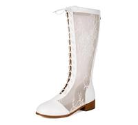 MiaZane Bottes mi-Mollet Femme à Lacets en Mesh Bout Rond Lacets Talon Bloc Moyen Bottes d'été Mode Chaussures de Festival Respirantes pour Style Urbain et Tenues décontractées,Blanc,35 EU