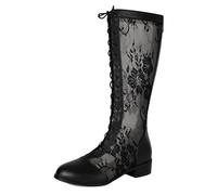 MiaZane Bottes mi-Mollet Femme à Lacets en Mesh Bout Rond Lacets Talon Bloc Moyen Bottes d'été Mode Chaussures de Festival Respirantes pour Style Urbain et Tenues décontractées,Noir,44 EU