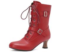 MiaZane Bottes Mi Mollet Femme Talon Block Épais Boucle Laçage Bottes Combat Mode Rétro Fermeture Éclair Latérale pour Automne & Hiver Sortie Décontractée Durable,Rouge,47 EU