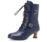 MiaZane Bottes Mi Mollet Femme Talon Block Épais Boucle Laçage Bottes Combat Mode Rétro Fermeture Éclair Latérale pour Automne & Hiver Sortie Décontractée Durable,Bleu,47 EU