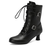 MiaZane Bottes Mi Mollet Femme Talon Block Épais Boucle Laçage Bottes Combat Mode Rétro Fermeture Éclair Latérale pour Automne & Hiver Sortie Décontractée Durable,Noir,47 EU