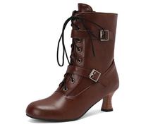 MiaZane Bottes Mi Mollet Femme Talon Block Épais Boucle Laçage Bottes Combat Mode Rétro Fermeture Éclair Latérale pour Automne & Hiver Sortie Décontractée Durable,Marron,47 EU
