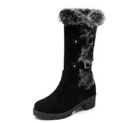 MiaZane Bottes Plateforme Femme Genou Suède avec Bordure Fausse Fourrure Talon Bloc Épais Fermeture Éclair Latérale Mode Hiver Marche Extérieure Temps Froid Tenue Quotidienne,Noir,43 EU