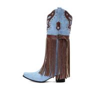 MiaZane Bottes Western Cowboy à Franges Daim Accents en Cuir Détails Cloutés Talon Large Hauteur Genou pour Rodéo Festival Danse Country Usage Quotidien,Bleu,38 EU