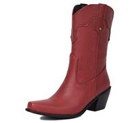 MiaZane Bottes Western Cowboy pour Femme Mi-Mollet Talon Bloc Simple Bout Carré Bottines pour Sortie Décontractée Et Tenue De Rue Taille Large,Rouge,43 EU
