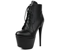 MiaZane Bottines à Plateforme Femme Simili Cuir à Lacets Talon Haut 15cm Aiguille Plateforme Extra Haute Fermeture Éclair Latérale Mode Tenue de Club pour Soirée et Sortie Nocturne,Black PU,38 EU