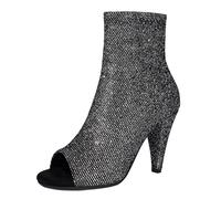 MiaZane Bottines De Cheville Confortables Talon Bloc Bout Ouvert Femme Bottines À Talons Hauts pour Port Prolongé Et Événements De Fête Paillettes Brillantes Zip Latéral,Gris,44 EU