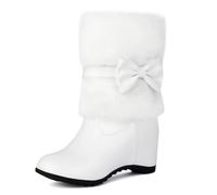 MiaZane Bottines d'hiver Femme Mi-Mollet Simili Cuir Fourrure Pelucheuse Détail Noeud Semelle Plate avec Rehaussement Caché 6cm Chaud Confortable Temps Froid Tenue Quotidienne,Blanc,38 EU