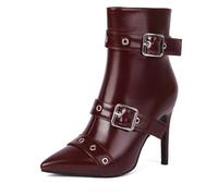 MiaZane Bottines en Cuir Verni Femme Bout Pointu Double Bride à Boucles Talon Aiguille Haut Bottines Élégantes pour Soirée Événements du Soir Nuit et Tenue Quotidienne,Burgundy,46 EU