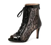 MiaZane Bottines Femme en Dentelle à Bout Ouvert Cheville Cuir Vernis Talon Haut Style Victorien Lacets Devant Chaussures de Soirée Mode Fête Tenue Streetwear Escarpins de Ville,Noir,40 EU