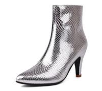 MiaZane Bottines Femme Talon Aiguille Fermeture Éclair Motif Serpent Bout Pointu Bottines Courtes Robe Mode pour Soirée Cocktail Et Réception De Mariage,Argent,41 EU