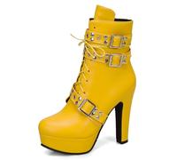 MiaZane Bottines Gothiques à Plateforme Femme en Simili Cuir Talon Bloc Haut Bretelles Cloutées Lacets Style Combat Boucle Argentée Mode Streetwear,Jaune,49 EU