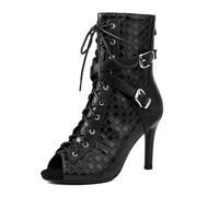 MiaZane Bottines Gothiques Femme à Lacets Bout Ouvert Cheville Talons Hauts PU avec Lanières à Boucle Motif Tissé Style Combat Bottines Mode Rue Fête,Noir,35 EU