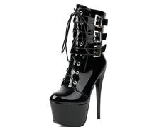 MiaZane Bottines Gothiques Femme Mi-Mollet Plateforme Cuir Vernis Design à Lacets avec Triple Lanières à Boucle 15cm Talon Aiguille Tenue de Club de Fête Chaussures,Noir,38 EU