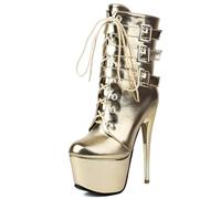 MiaZane Bottines Gothiques Femme Mi-Mollet Plateforme Cuir Vernis Design à Lacets avec Triple Lanières à Boucle 15cm Talon Aiguille Tenue de Club de Fête Chaussures,d'or,41 EU