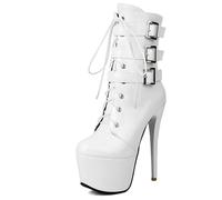 MiaZane Bottines Gothiques Femme Mi-Mollet Plateforme Cuir Vernis Design à Lacets avec Triple Lanières à Boucle 15cm Talon Aiguille Tenue de Club de Fête Chaussures,Blanc,38 EU