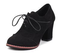 MiaZane Bottines Oxford Vintage Femme en Suédé Beige Bout Rond Talon Bloc Chaussures à Lacets avec Design Brogue Perforé et Semelle Rouge Contrastée,Noir,43 EU