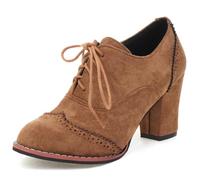 MiaZane Bottines Oxford Vintage Femme en Suédé Beige Bout Rond Talon Bloc Chaussures à Lacets avec Design Brogue Perforé et Semelle Rouge Contrastée,Marron,39 EU
