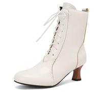 MiaZane Bottines Victoriennes Femme à Lacets Bout Rond Talon Kitten Vintage Bottes à Fermeture Éclair Latérale pour Automne et Hiver Tenue Streetwear,Blanc,47 EU