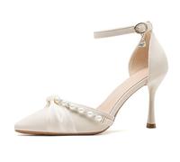 MiaZane Chaussures De Cour Nuptiales pour Femmes Escarpements À Bridecheville Perle Talon Aiguille Bout Pointé Chaussures À Enfiler Robe pour Réception De Mariage Et Bureau,Apricot7cm,41 EU