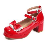 MiaZane Chaussures Mary Jane Lolita pour Femmes Cuir Verni Talon Bloc Épais Bout Rond Chaussures Simples Boucles Double Cœur pour Uniforme Scolaire & Usage Quotidien,Rouge,48 EU