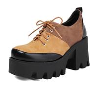 MiaZane Chaussures Oxford Punk Femme à Plateforme Design Color Block Bout Carré Style à Lacets avec Talon Bloc Épais Cuir Synthétique Semelle Épaisse Chaussures de Ville,Marron,41 EU