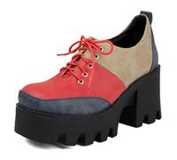 MiaZane Chaussures Oxford Punk Femme à Plateforme Design Color Block Bout Carré Style à Lacets avec Talon Bloc Épais Cuir Synthétique Semelle Épaisse Chaussures de Ville,Rouge,40 EU