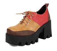 MiaZane Chaussures Oxford Punk Femme à Plateforme Design Color Block Bout Carré Style à Lacets avec Talon Bloc Épais Cuir Synthétique Semelle Épaisse Chaussures de Ville,Jaune,37 EU