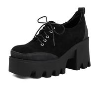 MiaZane Chaussures Oxford Punk Femme à Plateforme Design Color Block Bout Carré Style à Lacets avec Talon Bloc Épais Cuir Synthétique Semelle Épaisse Chaussures de Ville,Noir,37 EU