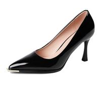 MiaZane Escarpins Courts Large Fit Femme Bout Pointu Cuir Verni Talons Aiguilles Détail Pointe Métal Élégants Escarpins à Talons Hauts Chaussures de Bureau Réception de Mariage,Black 7cm,37 EU