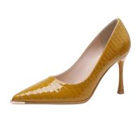 MiaZane Escarpins de Cour Femme Large Talon Aiguille Bout Pointu Cuir Vernis Pumps Bout en Métal pour Réunion de Bureau et Réception de Mariée à Enfiler,Yellow 7cm,37 EU