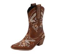 MiaZane Femmes Occidental Broderie Florale Bottes Cowboy Cuir avec Coutures Bronze Longueur Mi Mollet Talon Bloc Bois pour Festival Musique Country,Marron,42 EU
